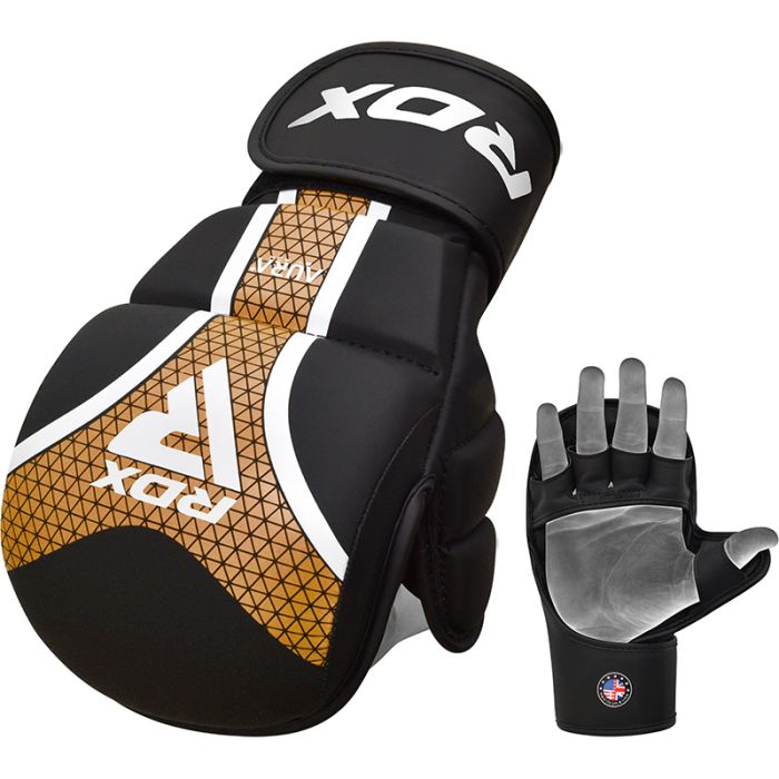 RDX T17 AURA MMA Hybrid Open Palm Grappling Gloves with Nova Tech#color_golden